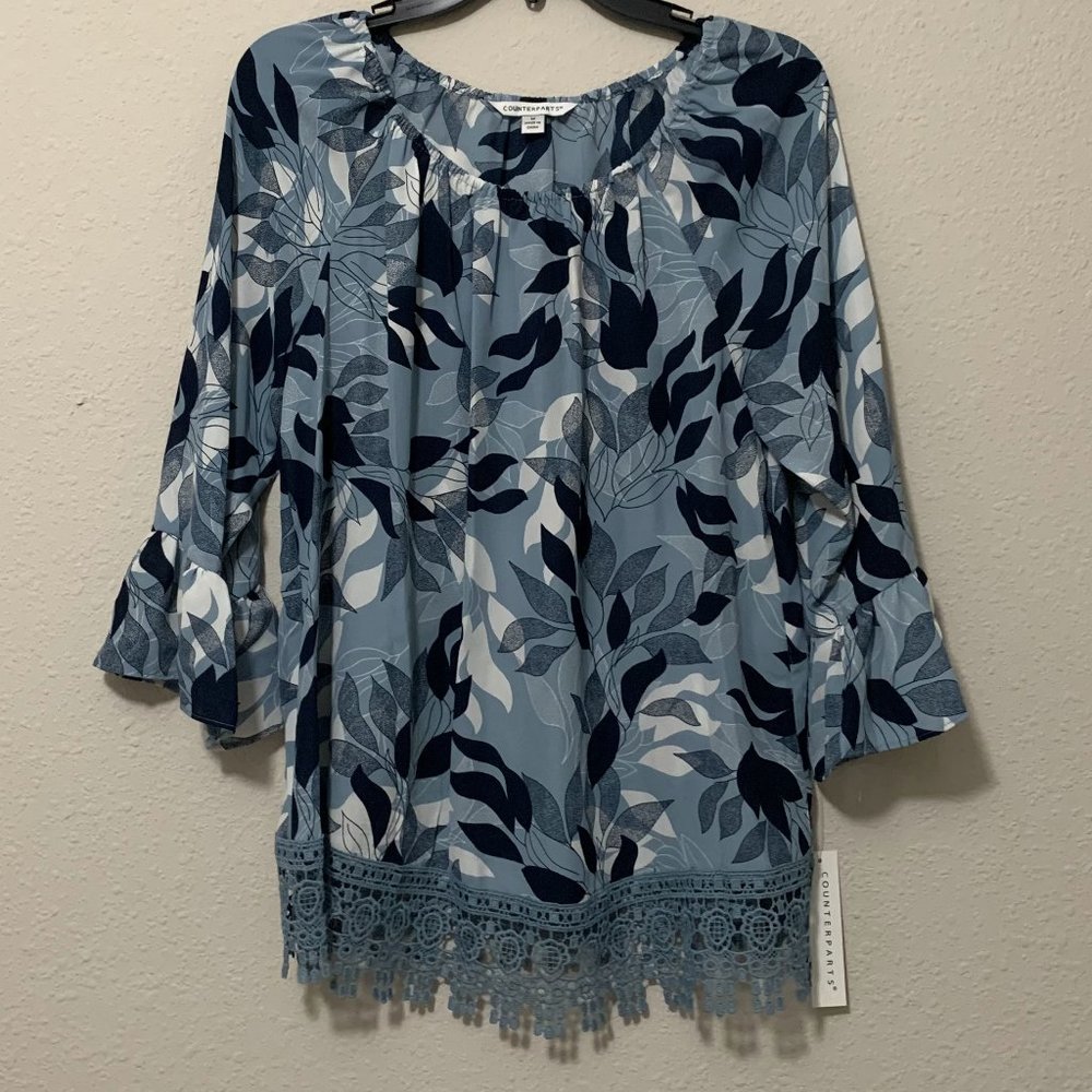 Counterparts Blue Floral Pattern Lace Trim Blouse